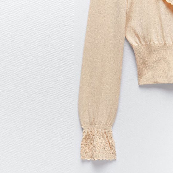 NEW Zara Long Sleeve Ruffled Knit Sweater Cream - Picture 9 of 11